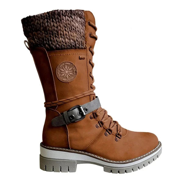 FrostSteps | Vrouwen Winter Laarzen, Side-pull, Lace-up, gebreide Mid-Tube, lage hakken, ronde teen - voor koud weer