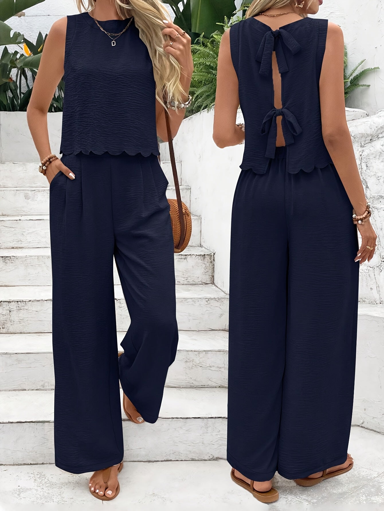 Blytheara | Women's 2-piece Set - Blouse with Tie-Front & Long Pants