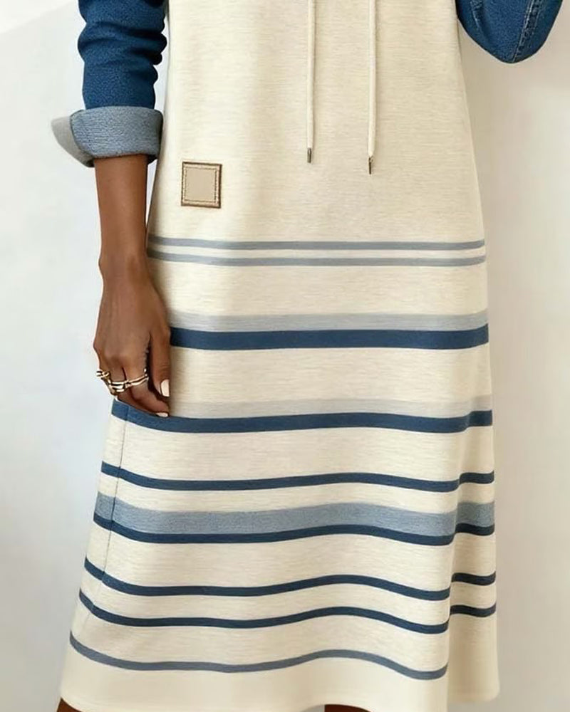 Enlina | Casual hoodiejurk met patchworkstrepen – denimstijl met lange mouwen, comfortabele jurk