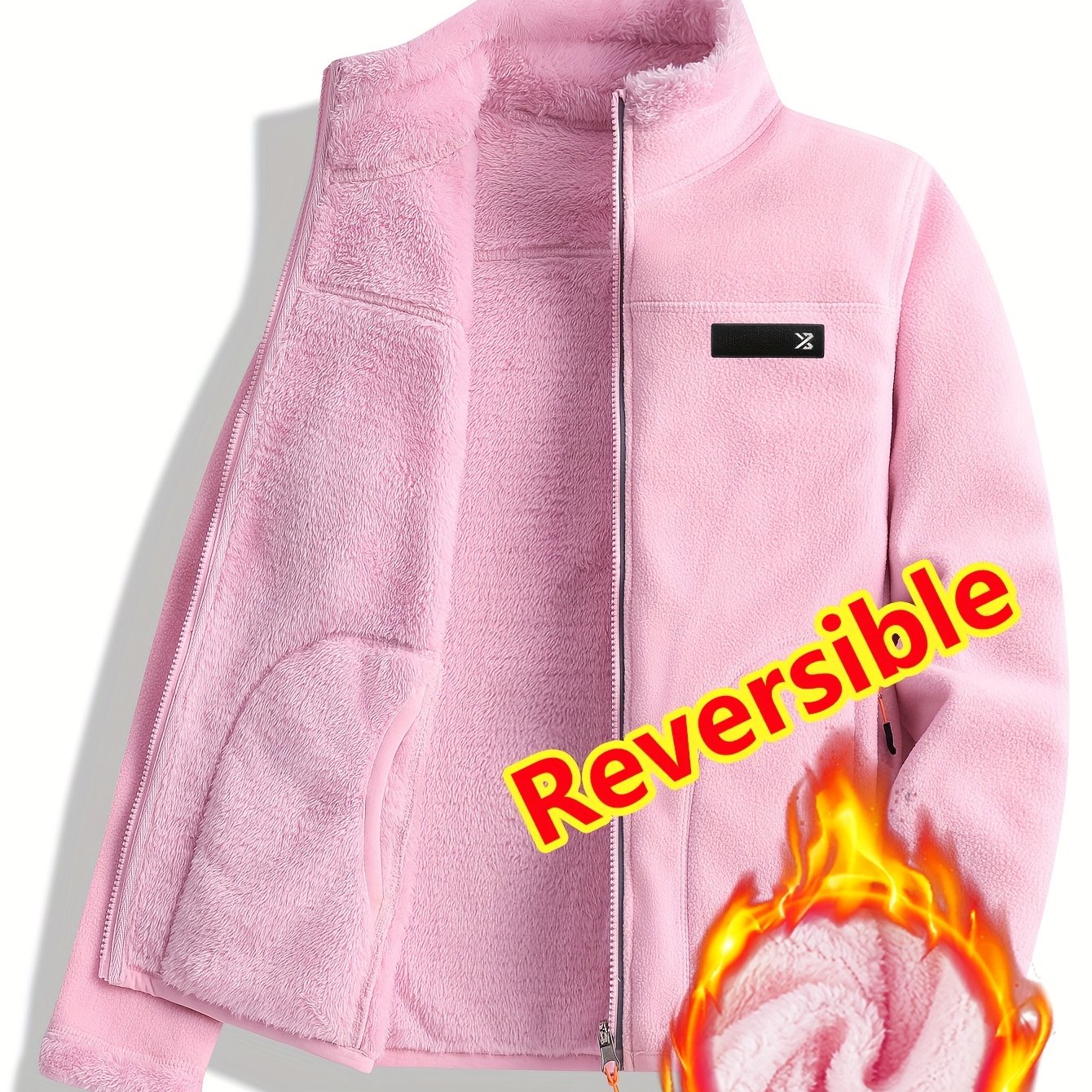 Taisia | Omkeerbaar koraalkleurig fleecejack voor dames – dikke pluche sweaterjas, warme casual winterjas