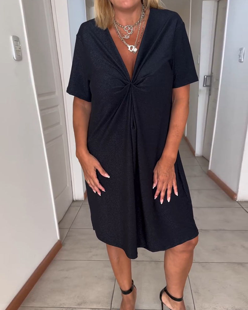 Vianney | Women's Short Sleeve V-Neck Dress - Elegant Knee-Length Attire
