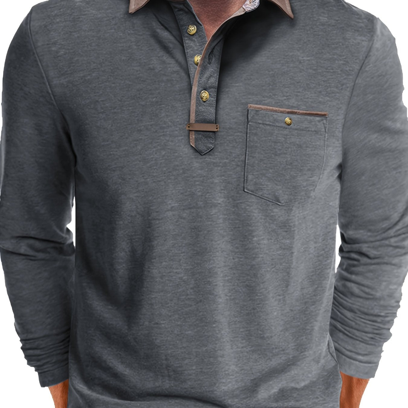 Paulo | Polo homme à manches longues – Henley décontracté avec col color-block et poche poitrine