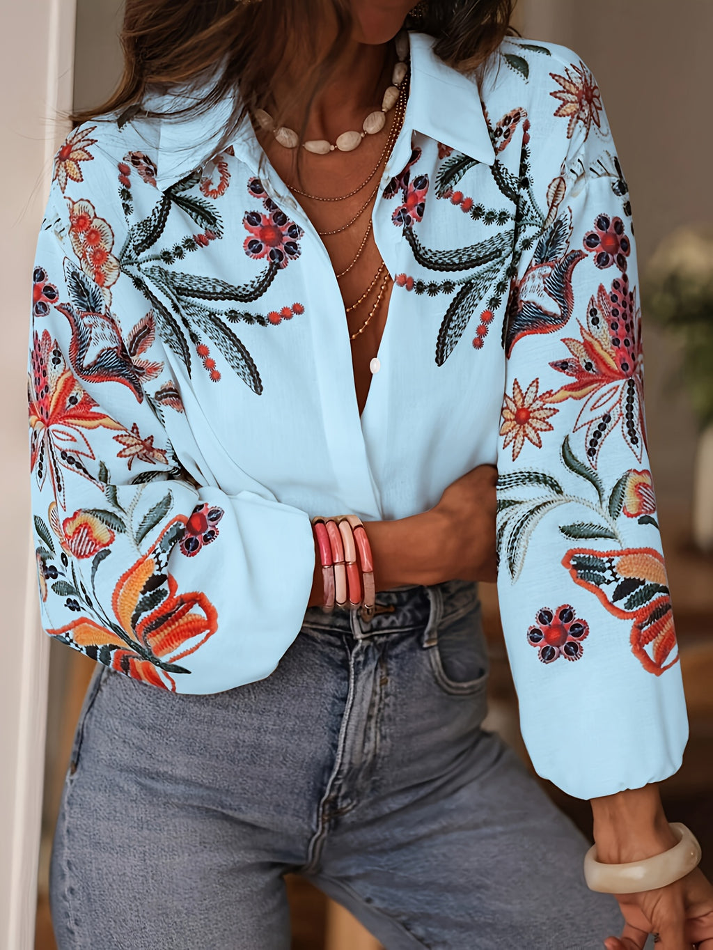 Heliara | Boho geborduurde damesblouse - Knoopoverhemd met lange mouwen en kapselkraag