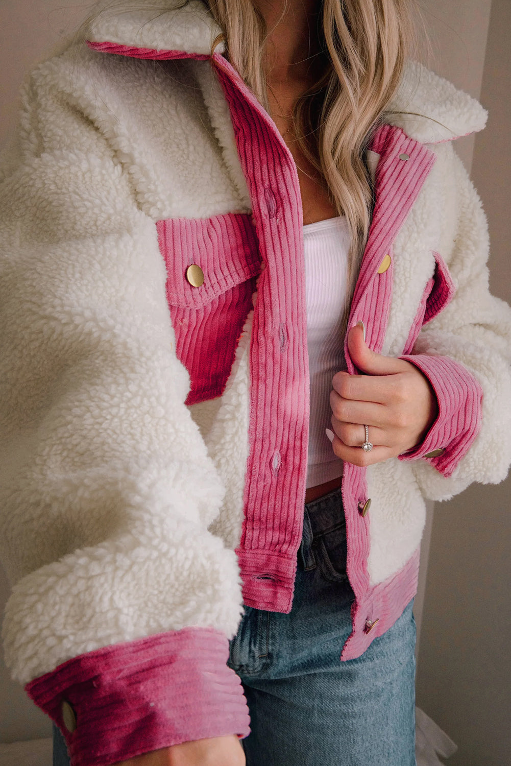 Fiorella | Multicolor sherpa corduroy Knoopsluiting Gewatteerd damesjack