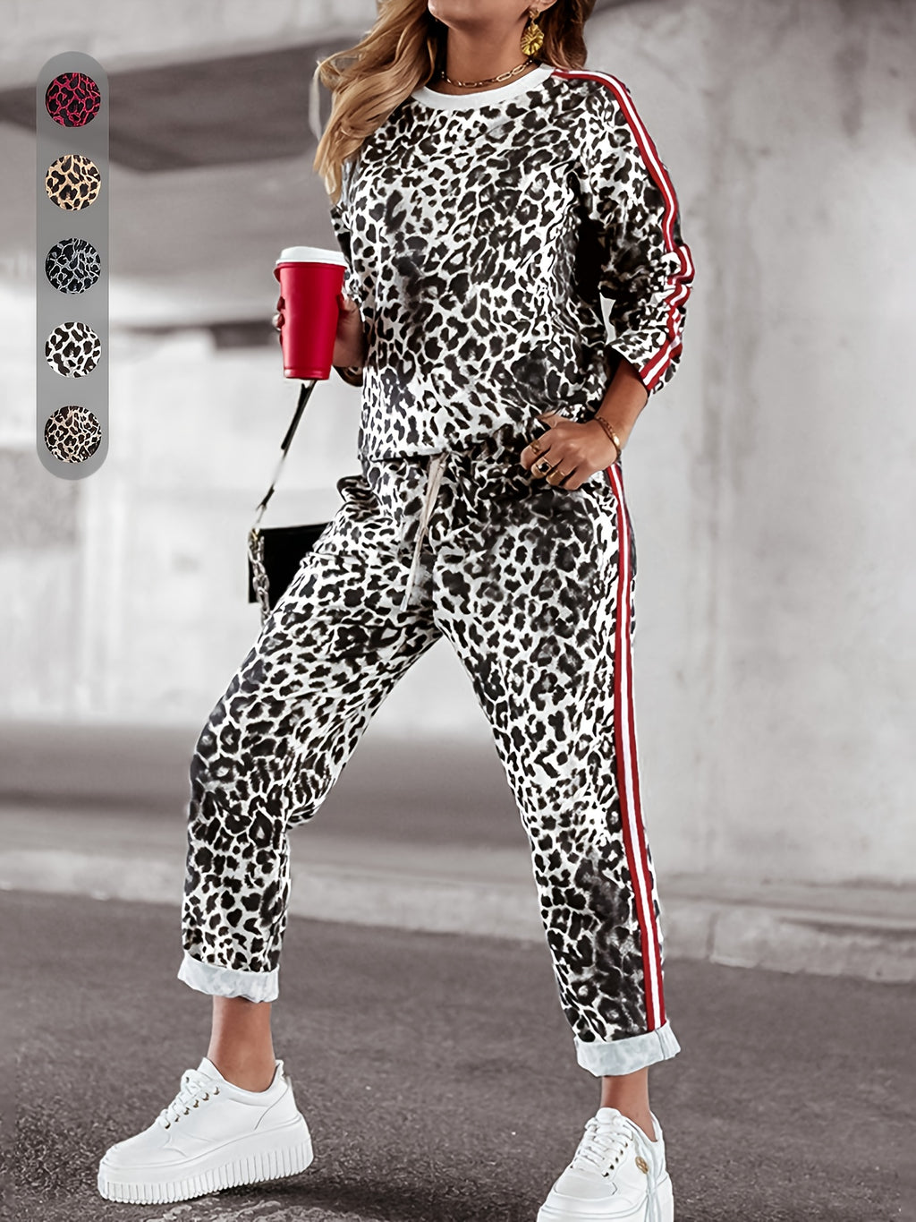 Emryth | Two-piece women's leopard print set - long-sleeve top and high-waisted pants, casual lounge outfit