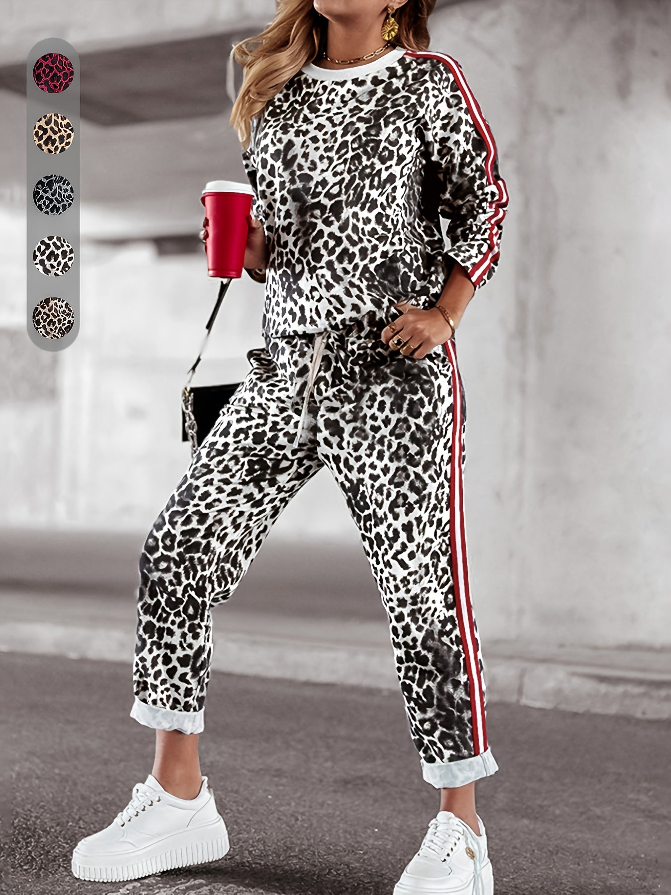 Emryth | Two-piece women's leopard print set - long-sleeve top and high-waisted pants, casual lounge outfit