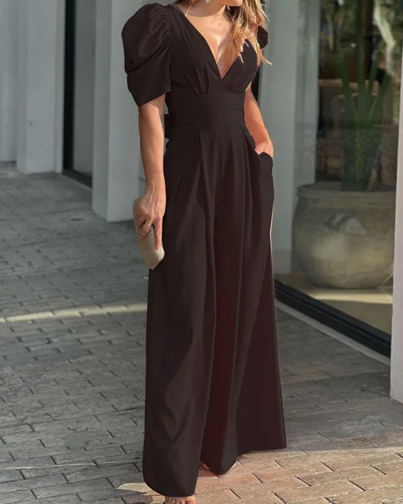 Luzienne | Combinaison pantalon à manches courtes et décolleté en V profond - Combinaison ample et chic décontractée pour femme