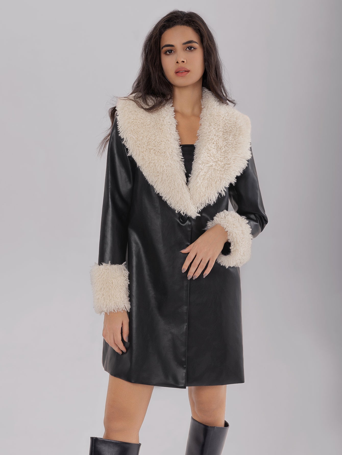 Posy | Women's leather jacket with fluffy collar, warm fleece lining