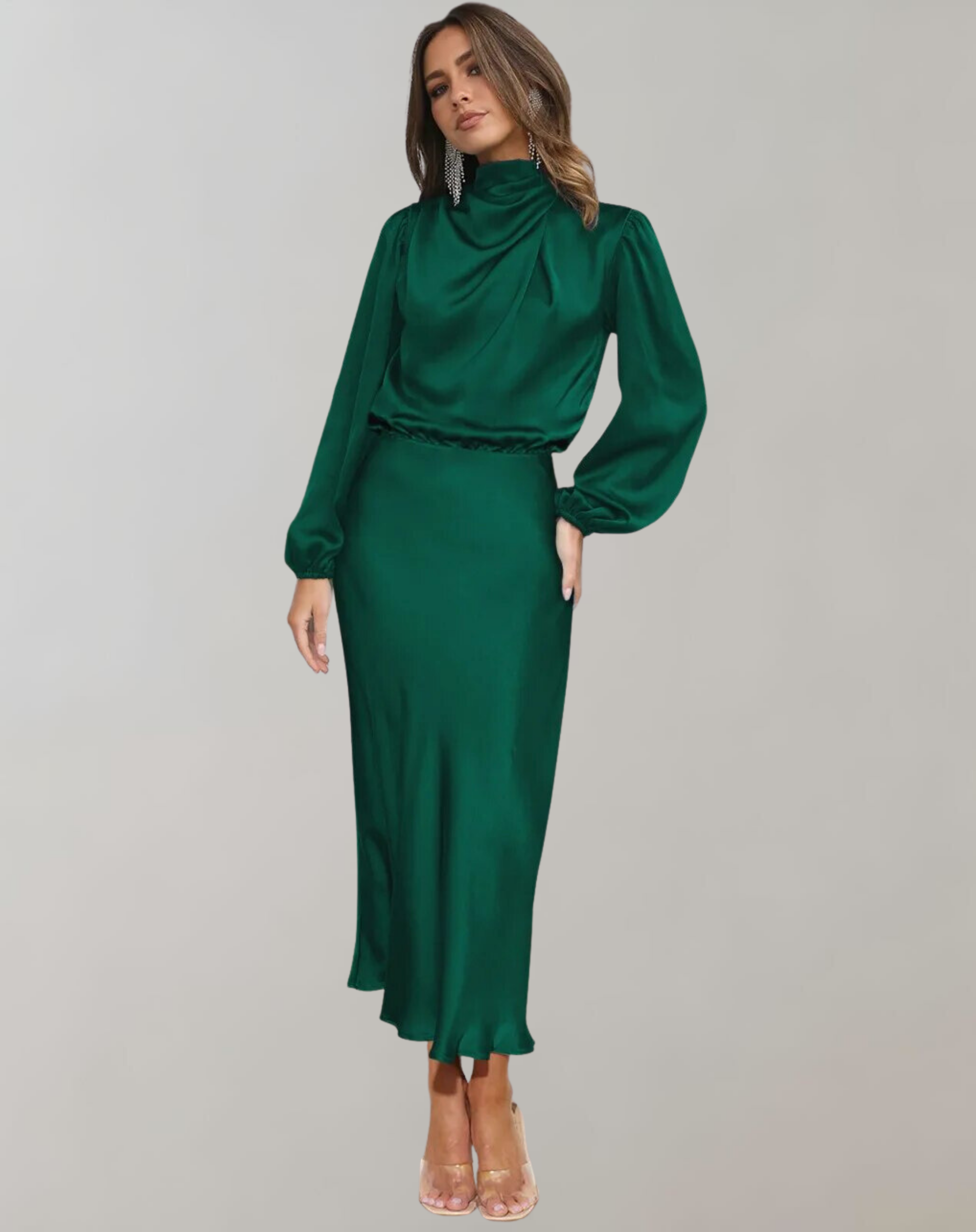 Darielle | Elegante satijnen jurk met lange mouwen voor avond, feest & formele kleding