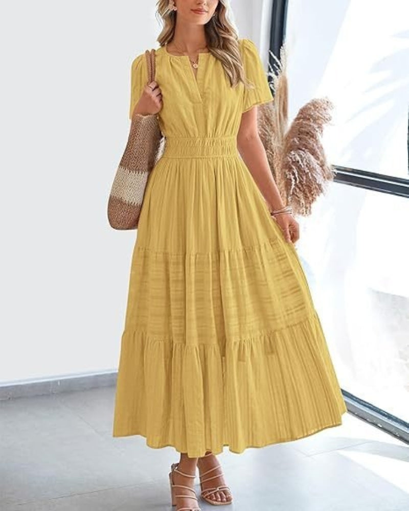 Olinda | Casual Short-Sleeved Maxi Dress - Flowy Long Dress for Women
