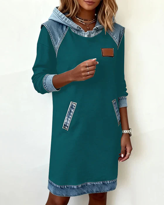 Mirana | Casual jurk met lange mouwen, denim capuchon en contrasterende stiksels – Comfortabele outfit