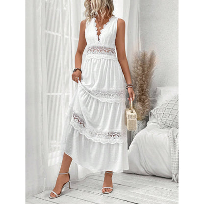 Robe femme sans manches à dentelle et col V