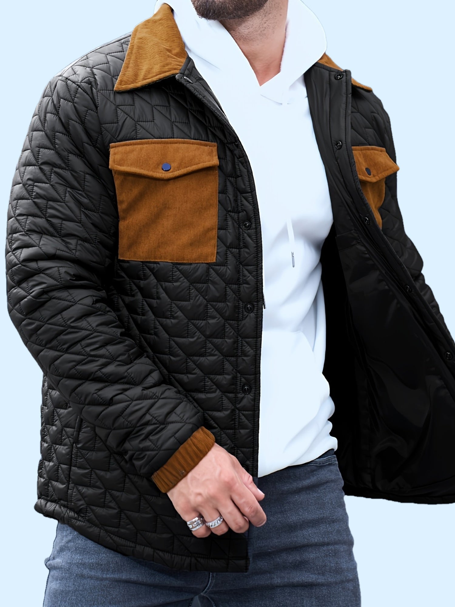 Fortino | Men's Padded Jacket - Contrasting Pockets, Regular Fit, Button Closure