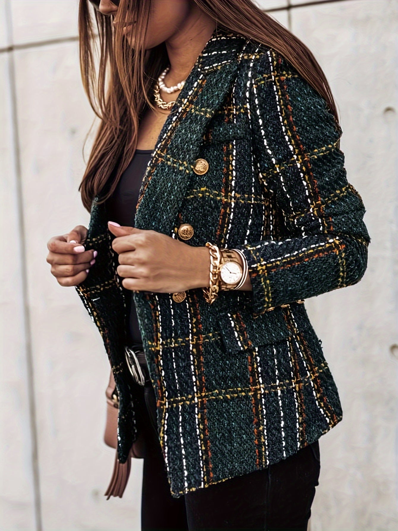 Genevieve | Blazer met twee rijen knopen - Elegante geruite Tweed jas met lange mouwen voor kantoor en werk, Dameskleding