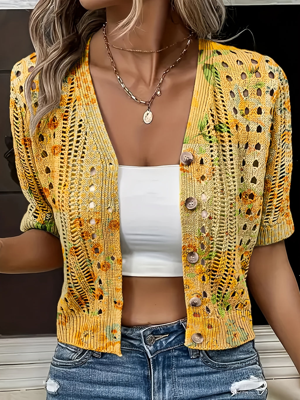 Eenira | Dames Bohemian Haakwerk Vest – Korte V-Hals, Kleurrijk Gebreid Bovenkledingstuk