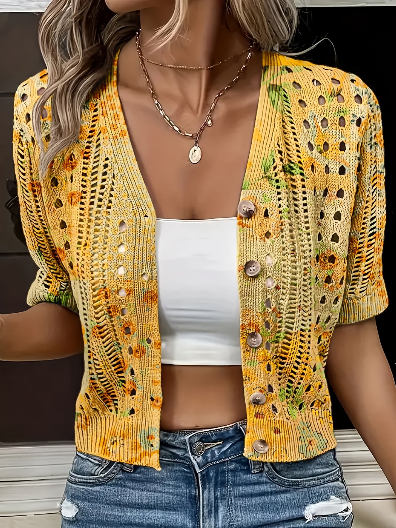 Cyravelle | Bohemian gehaakte korte cardigan – zomerse kortmouwen vest als lichte outerwear