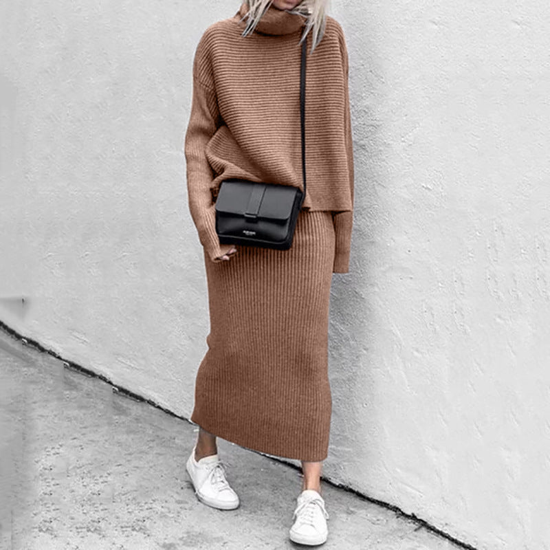 Sybilla | Knitted Two-Piece Women's Set - Long Sleeve Top and High Neck Skirt