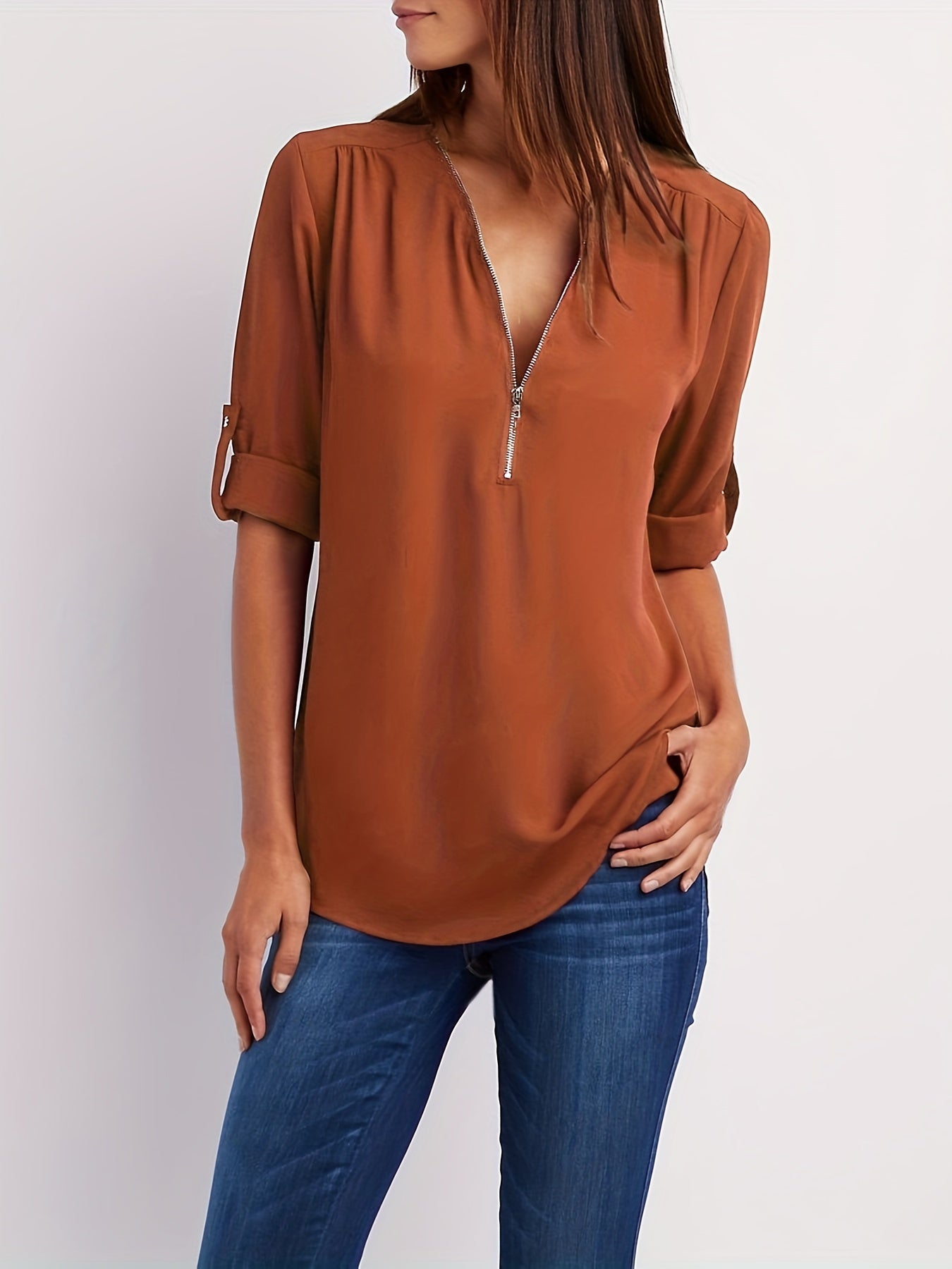 Veridiana | Women's V-Neck Half-Zip Blouse - Casual Ruffle Sleeve, Elegant and Breathable