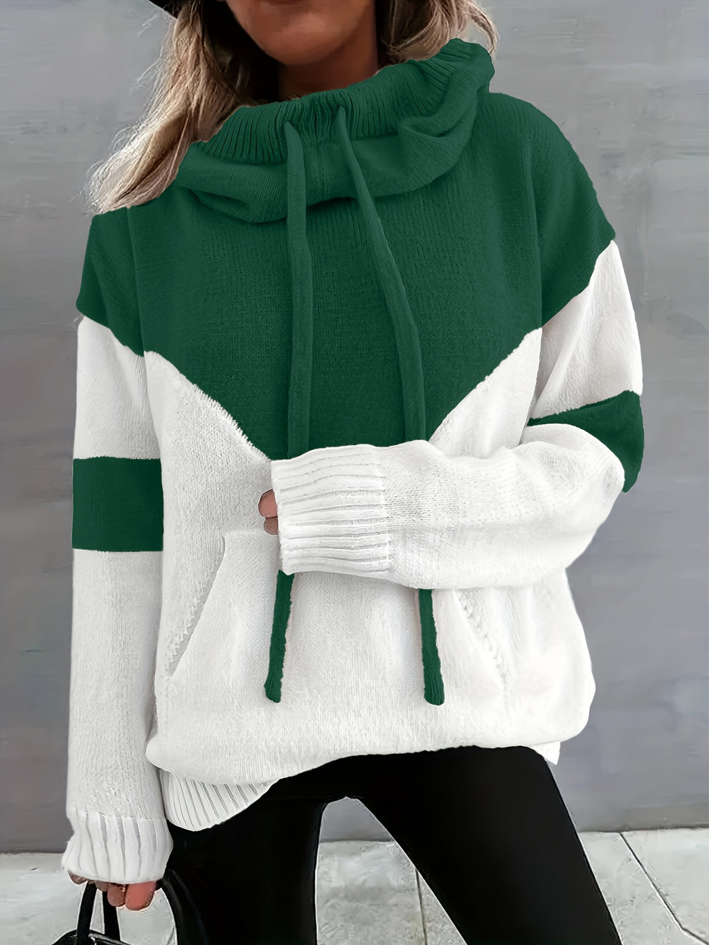 Aisola | Kleur Geblokte Trui met Capuchon voor Vrouwen - Casual Trui met Zak & Koord