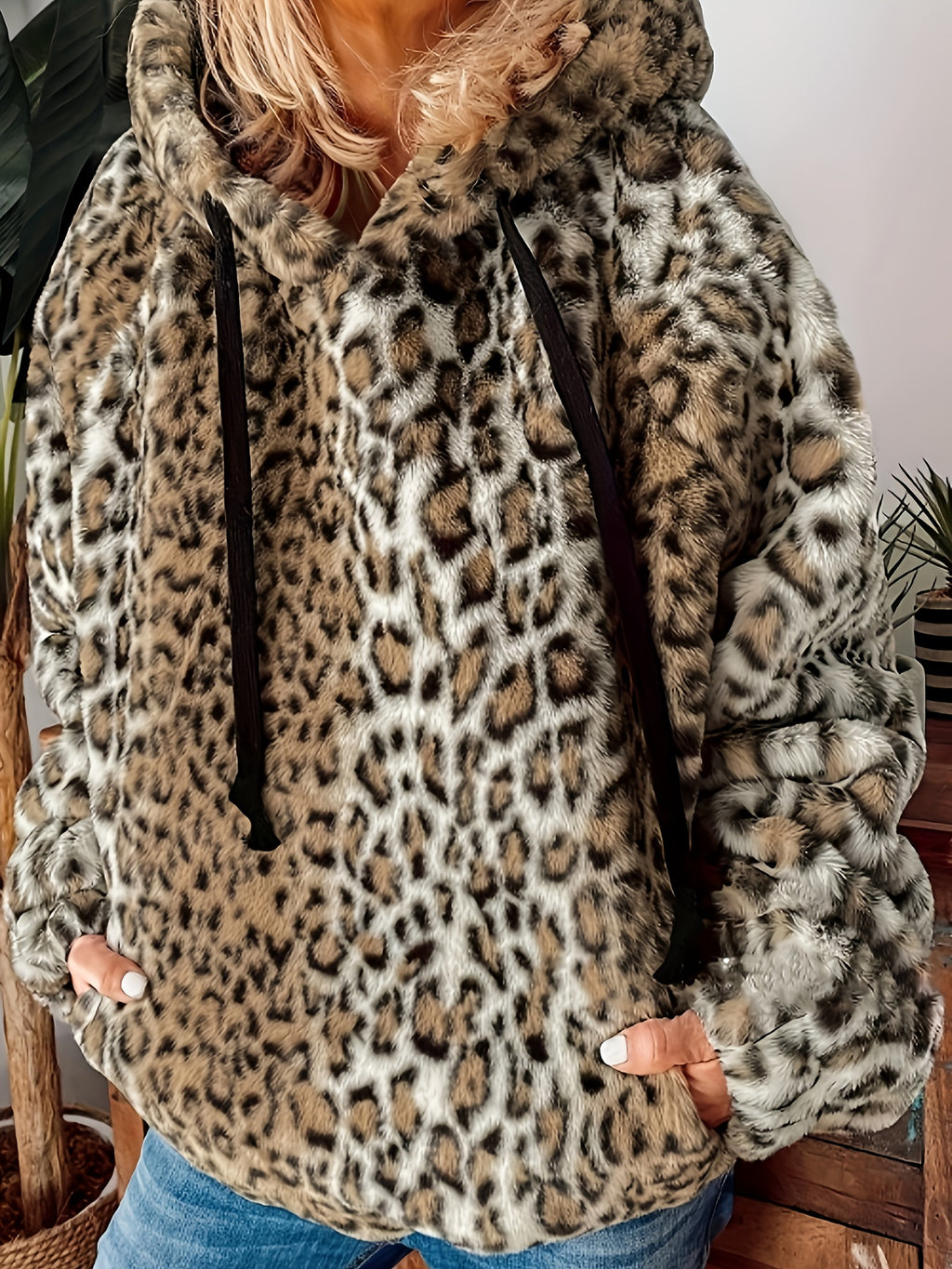 Claribel | Plus size fuzzy luipaardprint capuchon met koord - Casual Herfst/Winter Sweatshirt