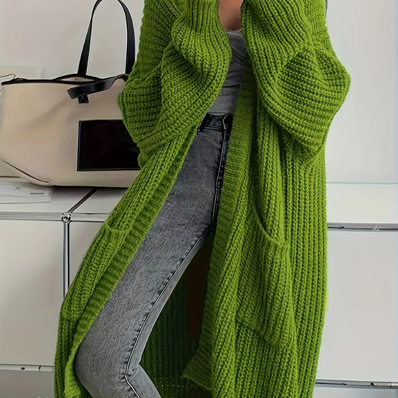 Myvessa | Lang gebreid vest voor dames – open voorkant, oversized, casual trui voor herfst en winter