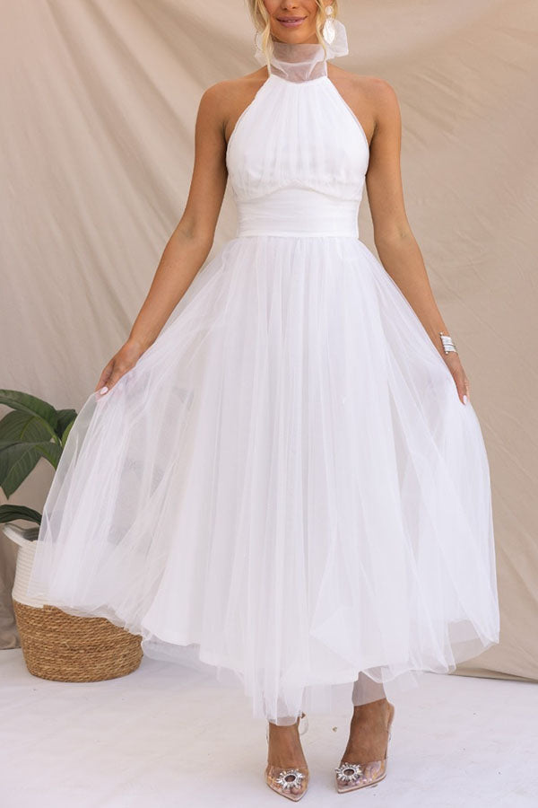 Bellina | Elegant Long Halter Neck Dress - Mesh Fabric