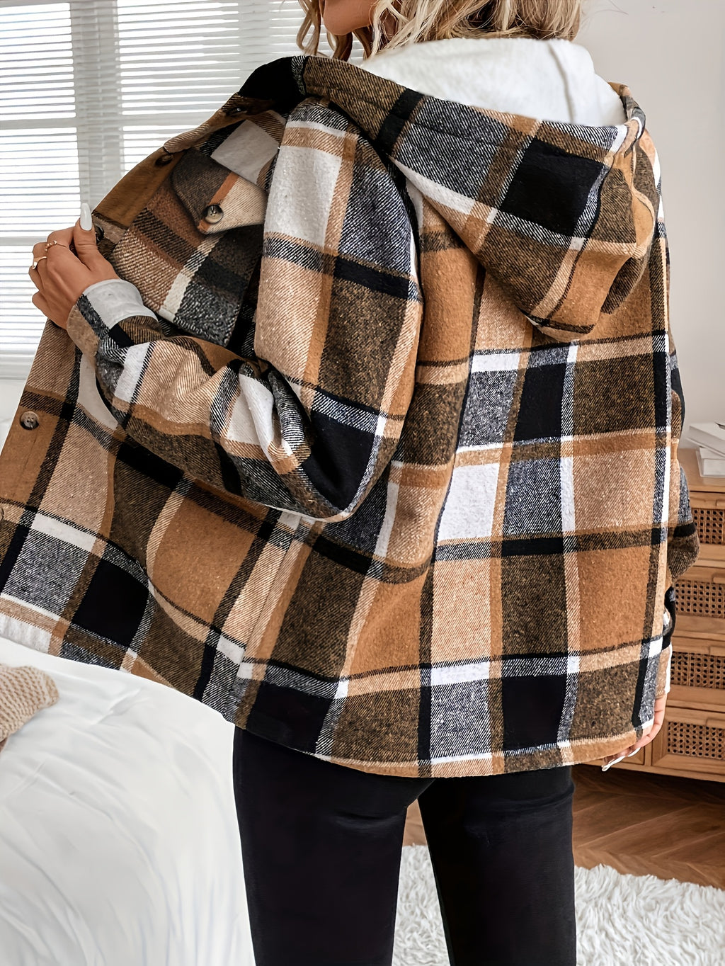 Gracienne | Geruite damesjas met capuchon en fleece voering - Knoopsluiting voor dames
