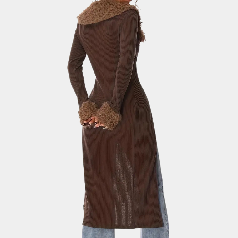 Naiara | Geribd gebreid lang damesvest - Klassieke open sweaterjas