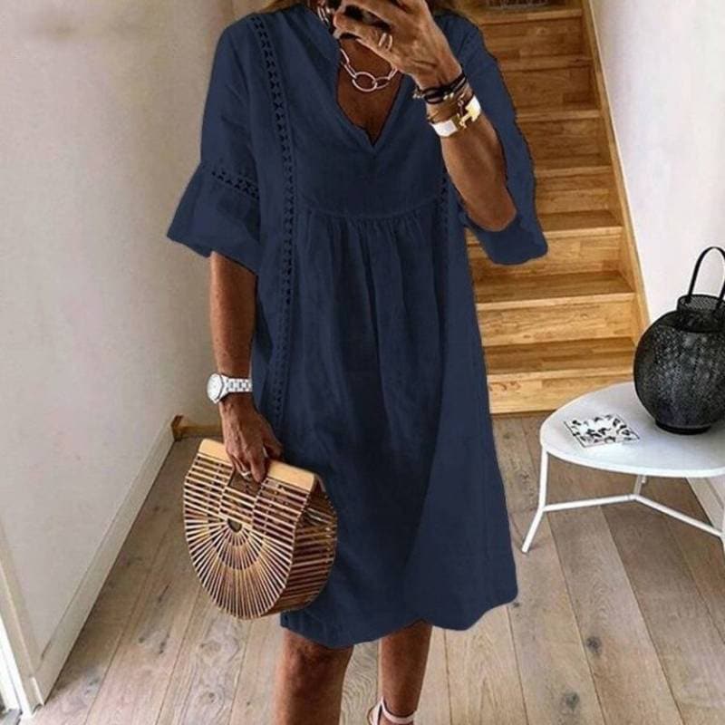Queralt | Bohemian V-neck Airy Dress - Short Sleeve, Knee-Length