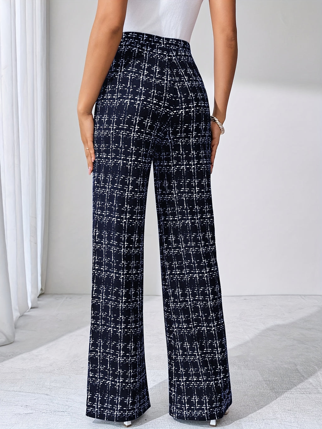 Laverna | Hoge taille geruite tweed flare broek voor dames – Rekbare casual broek met wijde pijpen