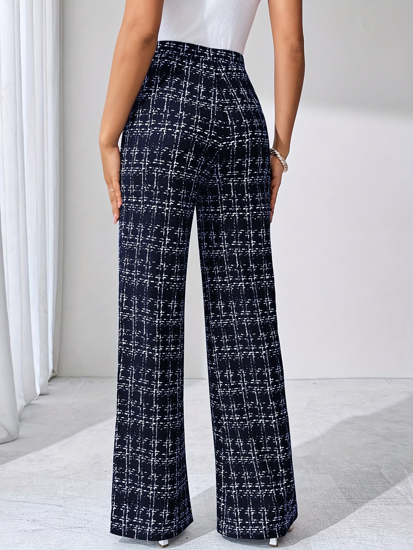 Laverna | Hoge taille geruite tweed flare broek voor dames – Rekbare casual broek met wijde pijpen