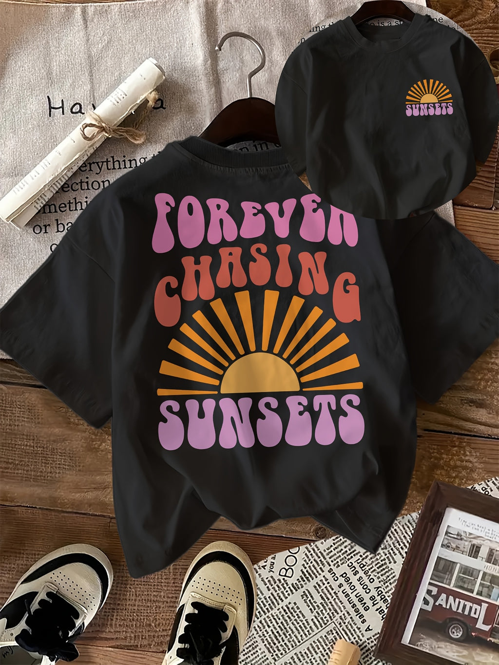 SunChase | Cotton Graphic T-Shirt for Women - "Forever Chasing Sunsets".