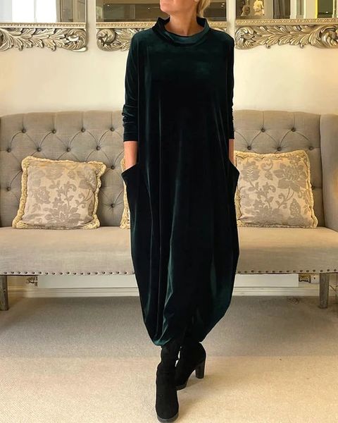 Sophie | Lange fluwelen winterjurk, lange mouwen, warme en elegante casual jurk
