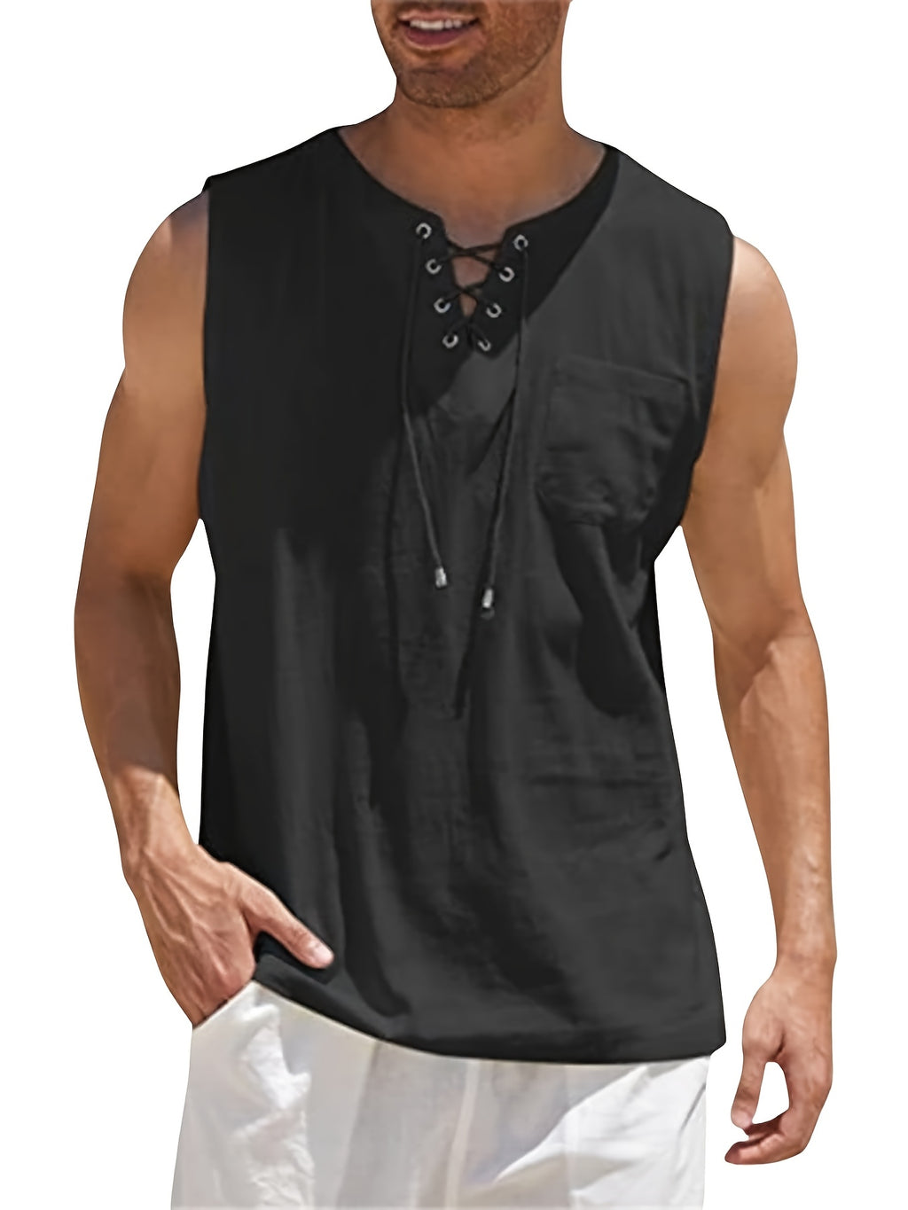 Morten | Débardeur sans manches en coton et lin pour homme, col en V - T-shirt d'été léger