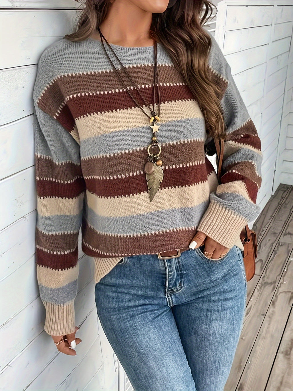 Freja | Dames Trui met Kleurblok Streepjes Ronde Hals - Vintage Pullover Met Lange Mouwen voor Vrijetijdskleding