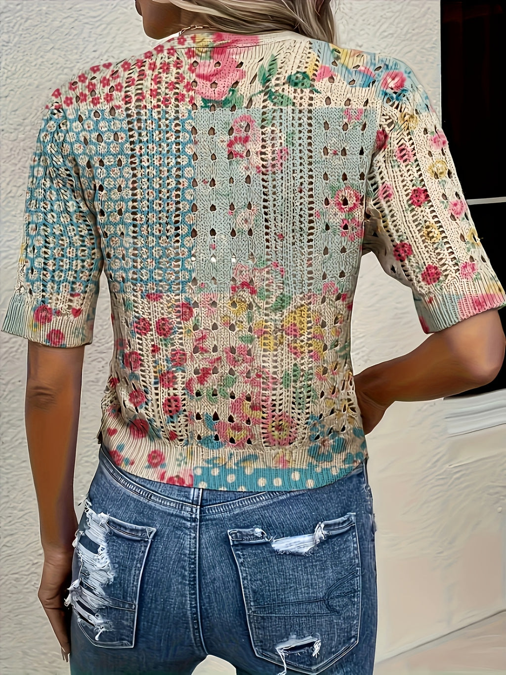 Eenira | Dames Bohemian Haakwerk Vest – Korte V-Hals, Kleurrijk Gebreid Bovenkledingstuk