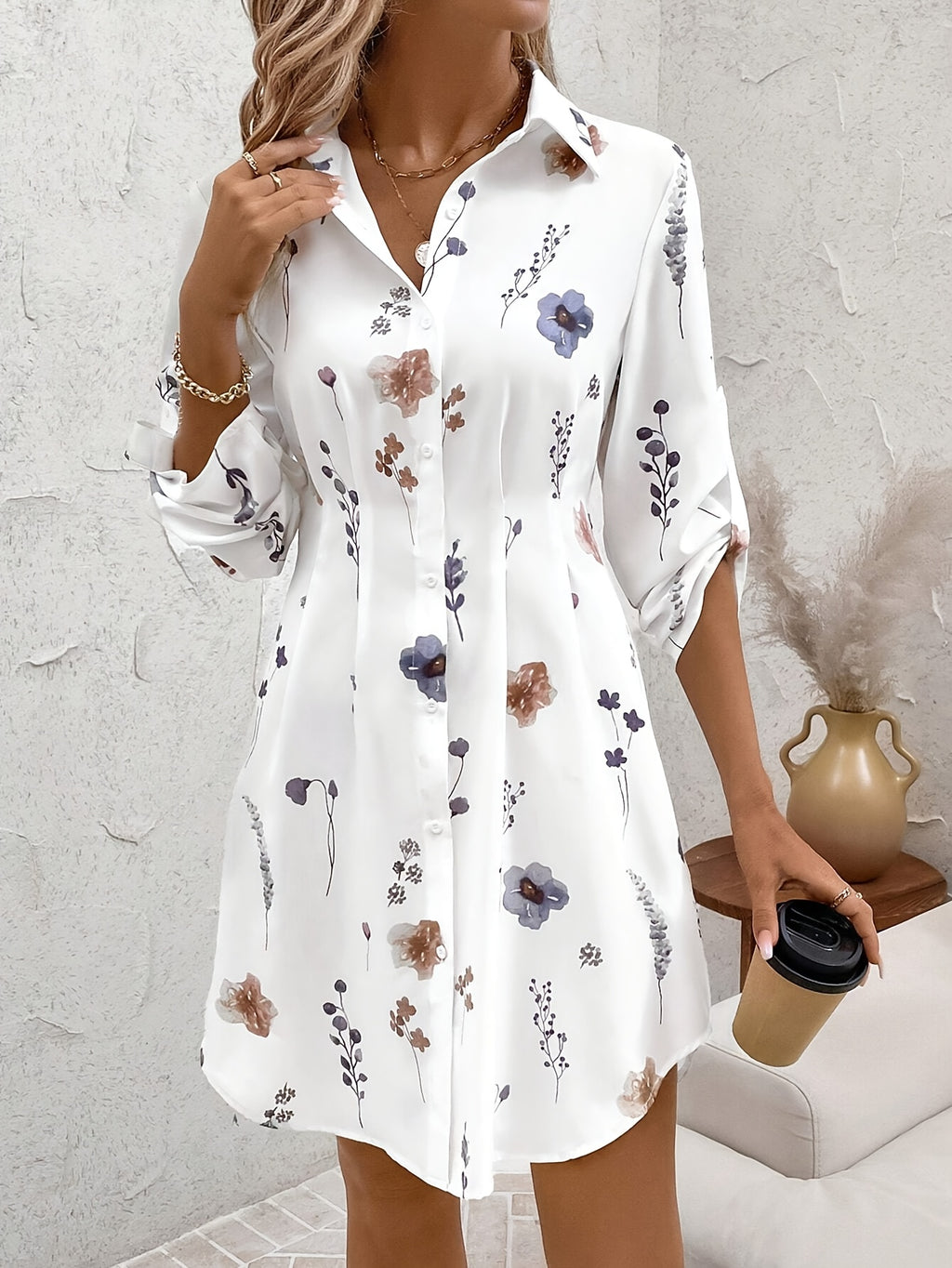 Atarah | Elegant Floral Print Shirt Dress - Long Sleeve, Casual and Chic