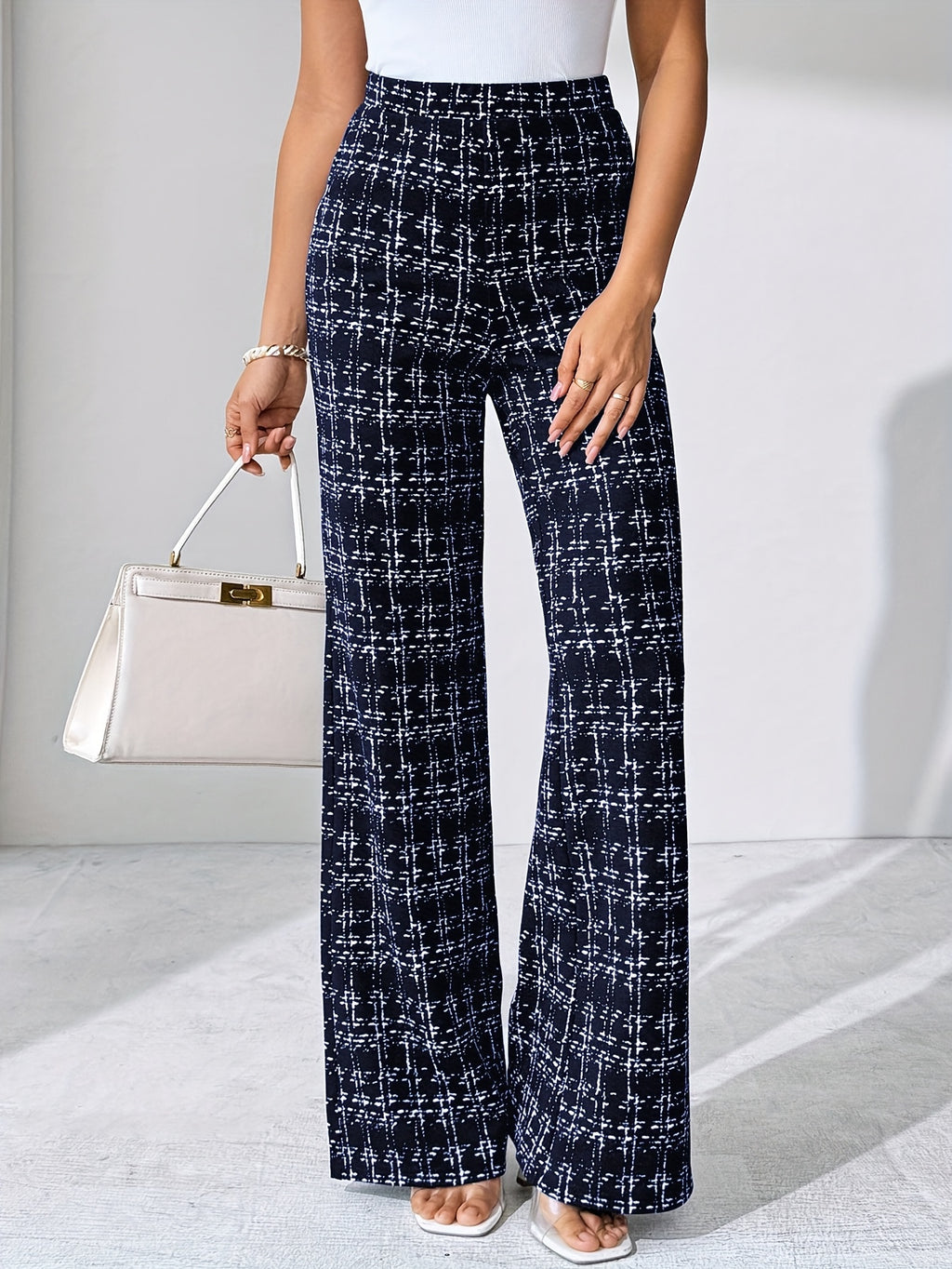 Laverna | Hoge taille geruite tweed flare broek voor dames – Rekbare casual broek met wijde pijpen