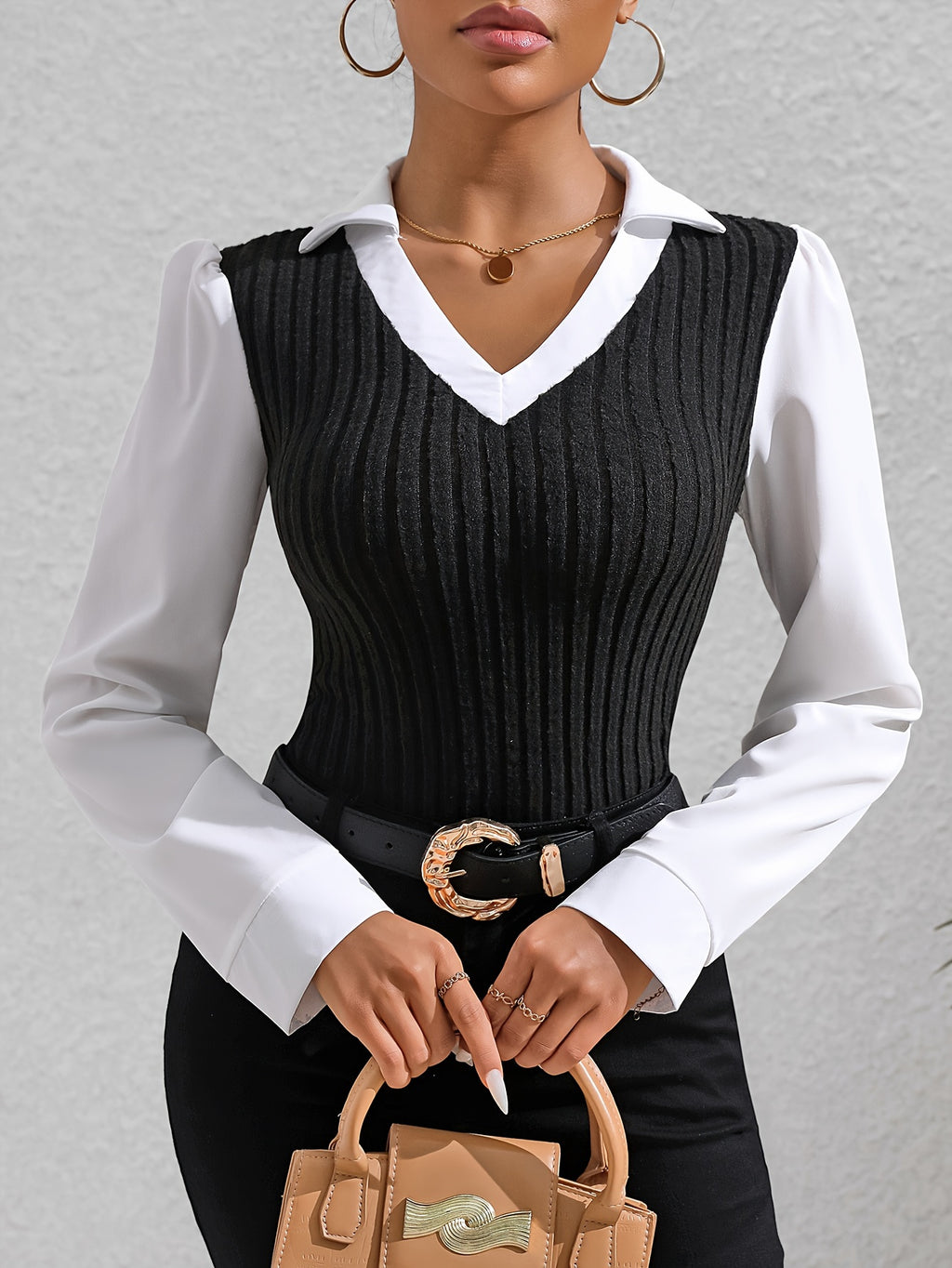 Rusalka | Women Colorblock Faux Twinset Chapel Blouse - Casual Long Sleeve Top