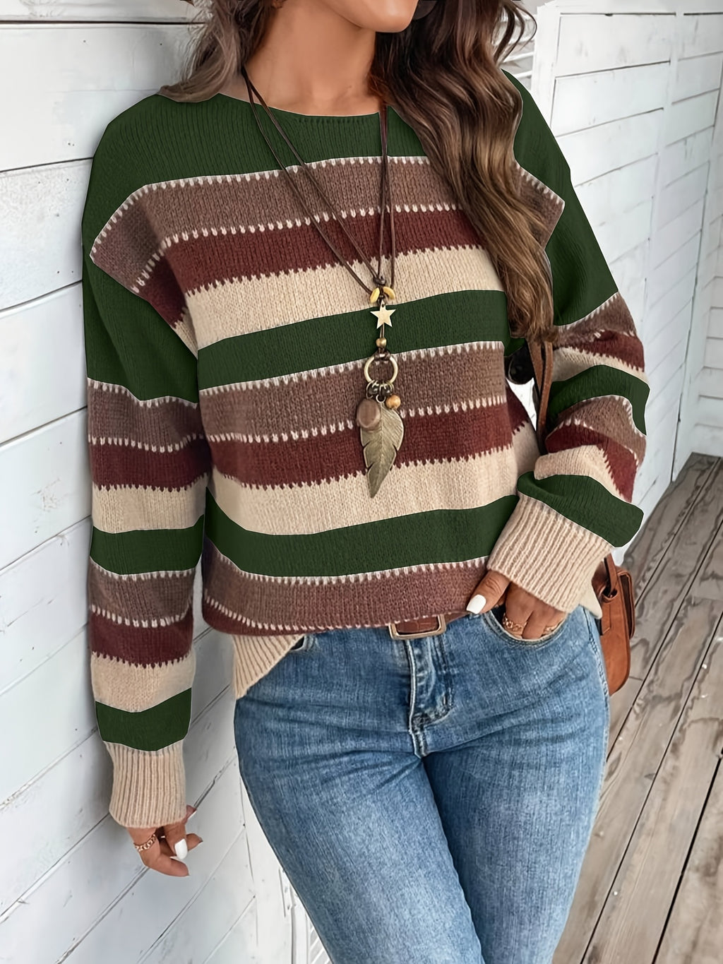 Freja | Dames Trui met Kleurblok Streepjes Ronde Hals - Vintage Pullover Met Lange Mouwen voor Vrijetijdskleding