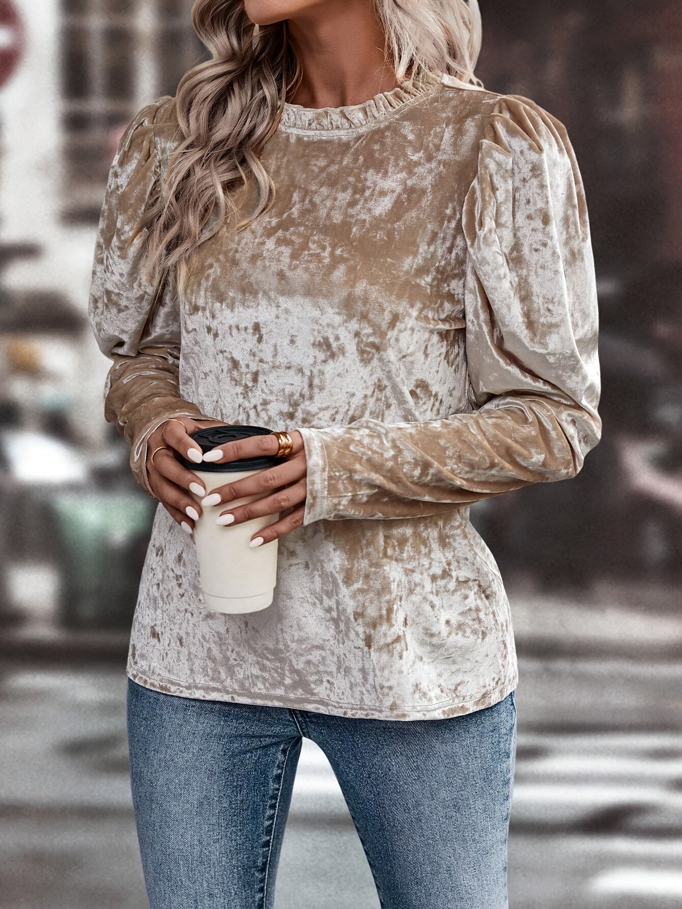 Lorethia | Elegant velvet women's blouse - long sleeves, boat neck with puff sleeves