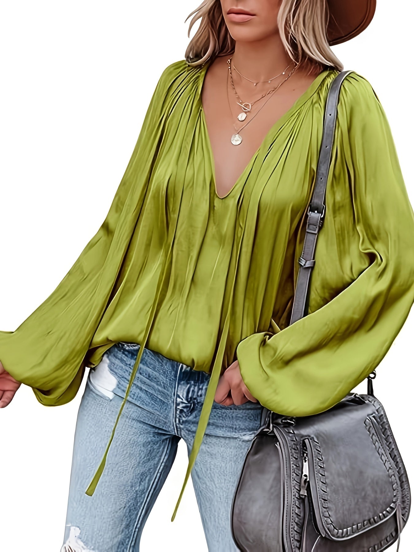 Vaiana | Women's Satin V-Neck Blouse with Lantern Sleeves - Elegant, Loose-Fitting, Dressy Top