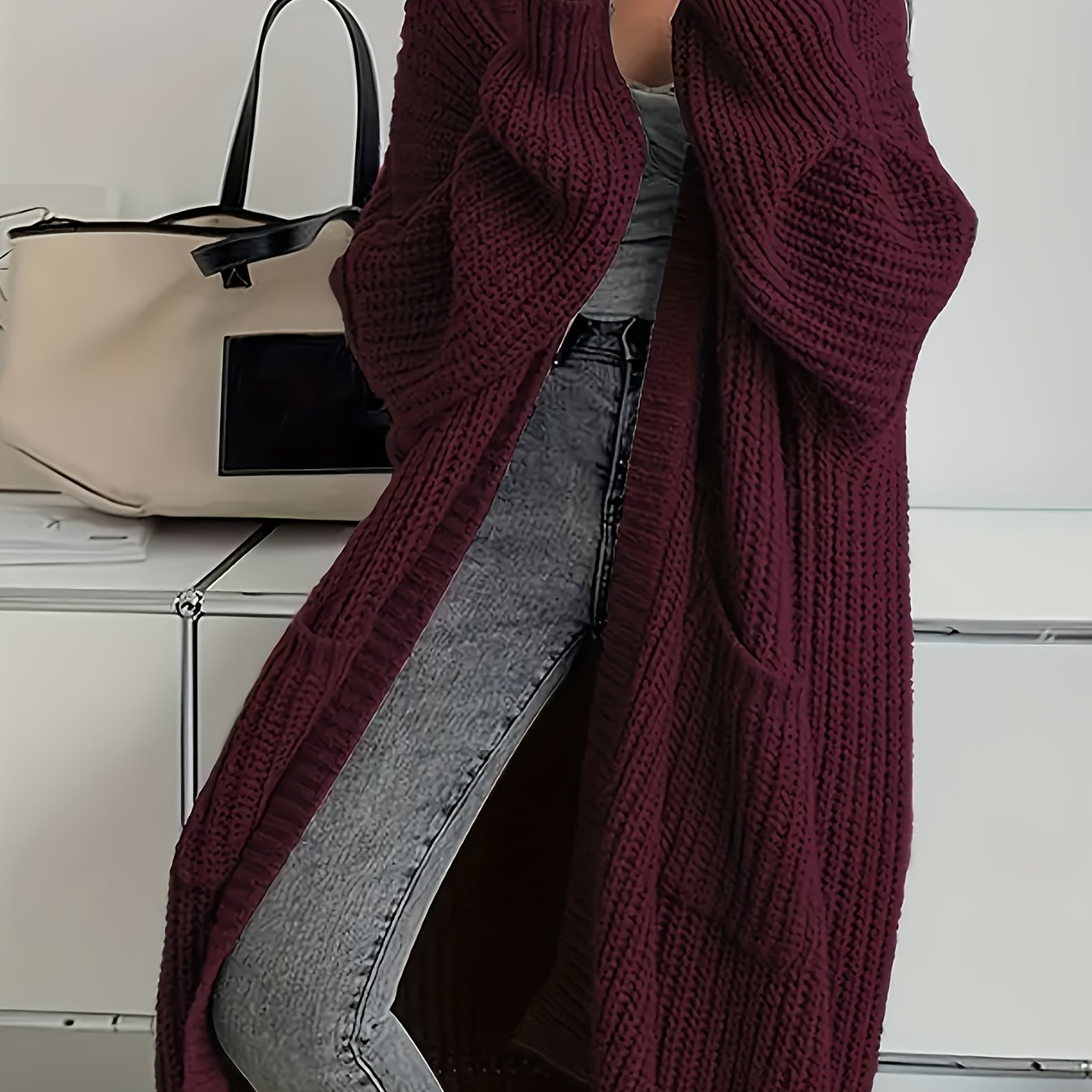 Myvessa | Lang gebreid vest voor dames – open voorkant, oversized, casual trui voor herfst en winter