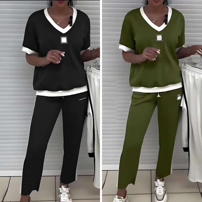 Danikae | Casual loungeset met V-hals – Relaxte top en bijpassende broek, comfortabele loungewear-outfit