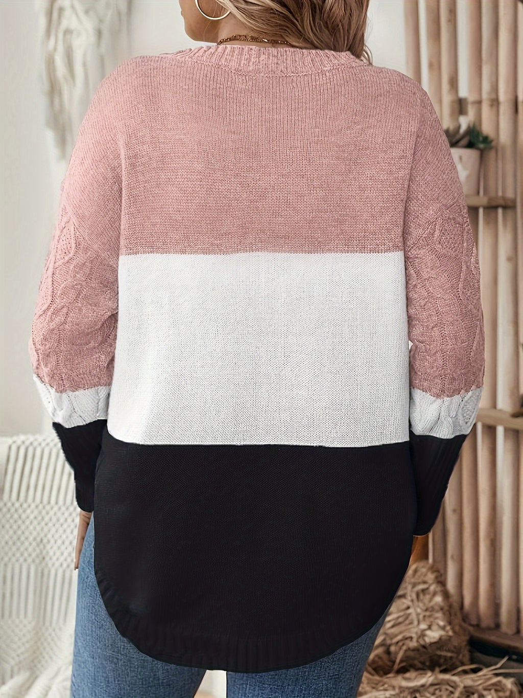 Leighton | Retro plus size trui voor dames - Kleurblok gebreide kabel