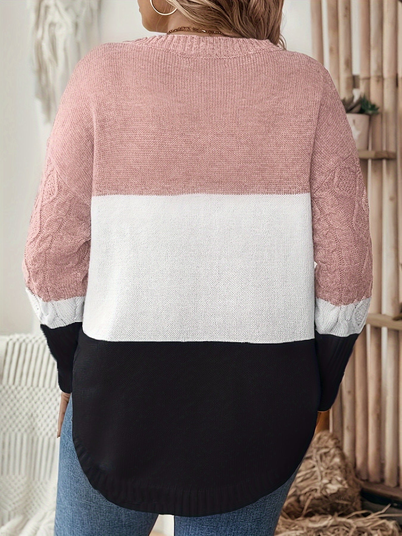 Leighton | Retro plus size trui voor dames - Kleurblok gebreide kabel