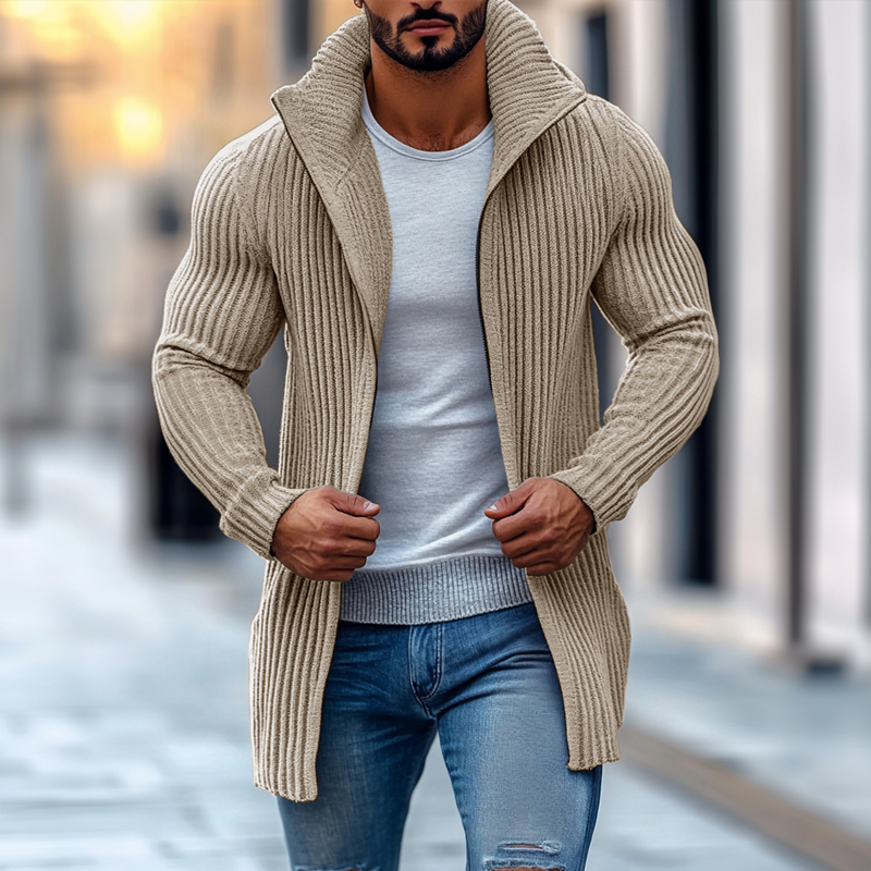 Xylar | Heren gebreid vest met opstaande kraag, lange mouwen, geribd, knoopsluiting, halflang