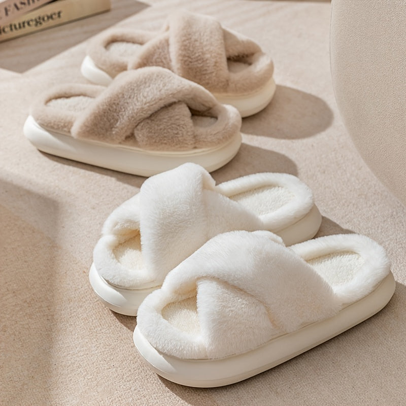 Tegan | Knusse fluffy pantoffels met kriskras band - Zacht pluche comfort, binnenschoenen