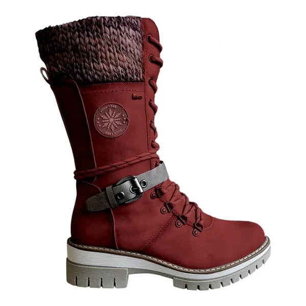 FrostSteps | Vrouwen Winter Laarzen, Side-pull, Lace-up, gebreide Mid-Tube, lage hakken, ronde teen - voor koud weer