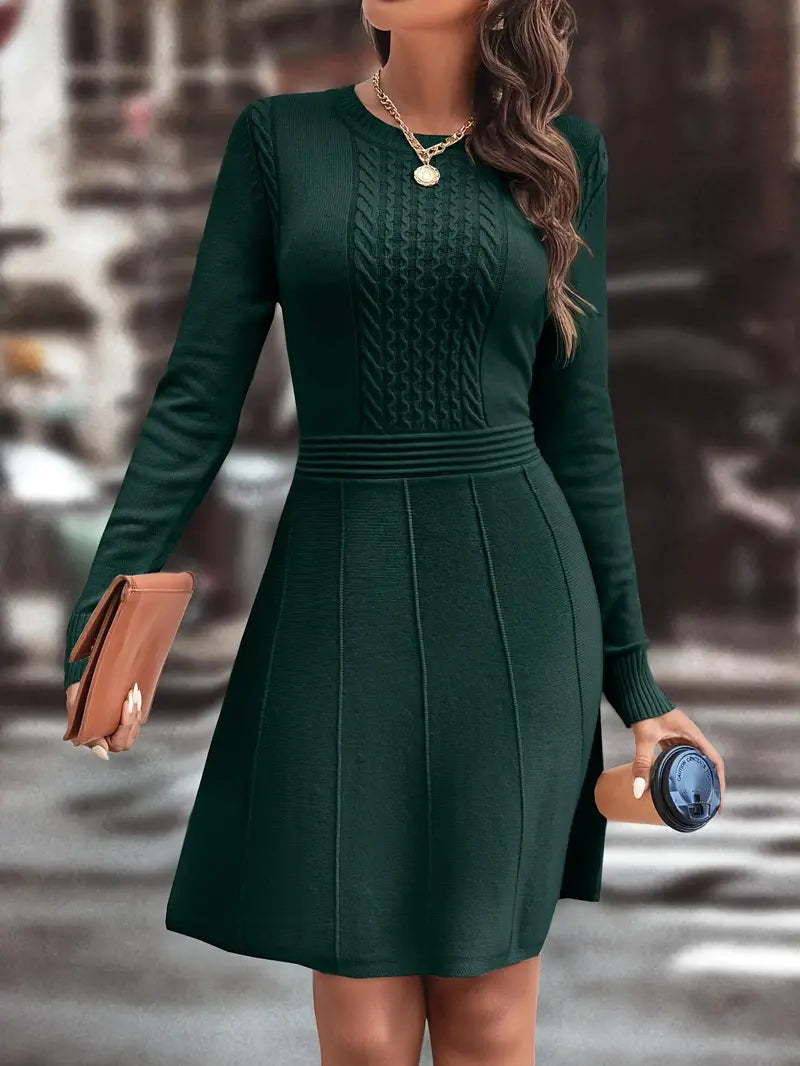 Blisa | Elegant knitted cable dress for women, elastic fit with round neck for winter